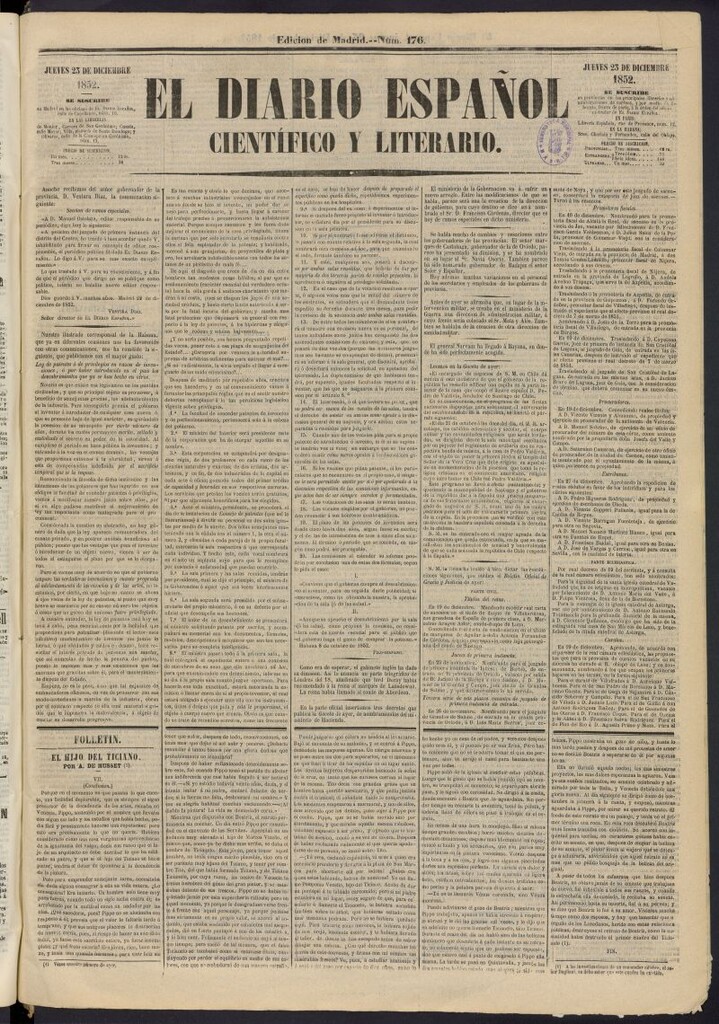 Miniatura de El Diario Español Político y Literario del 23 de diciembre de 1852, nº 176