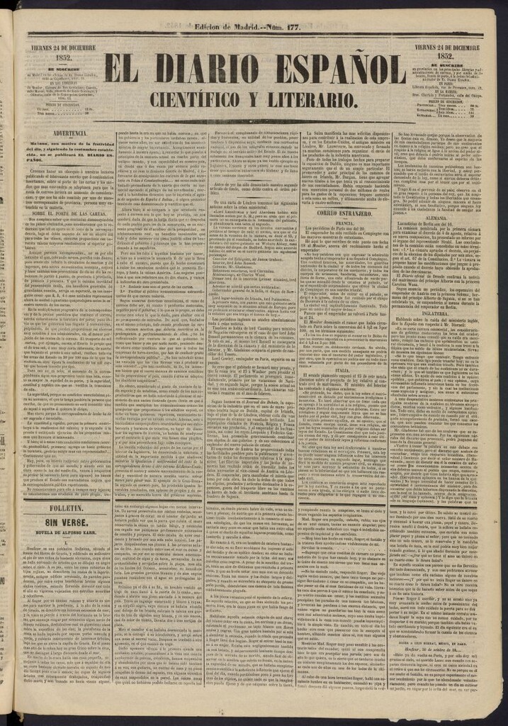 Miniatura de El Diario Español Político y Literario del 24 de diciembre de 1852, nº 177