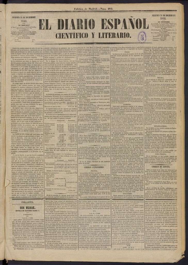 Miniatura de El Diario Español Político y Literario del 31 de diciembre de 1852, nº 182