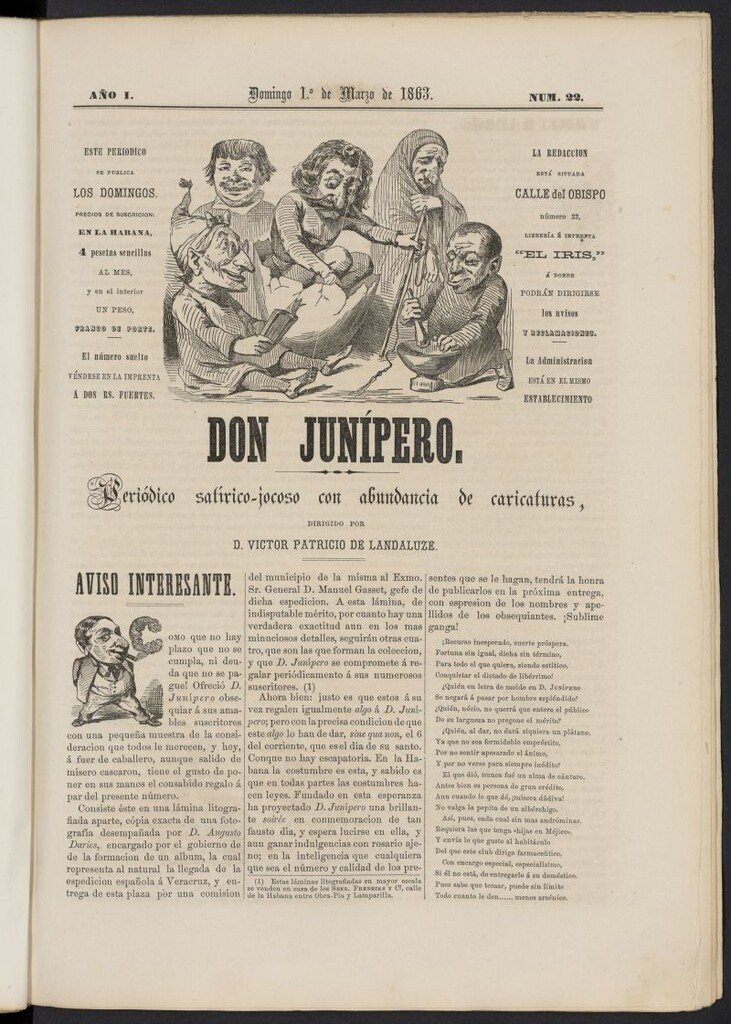 Miniatura de Don Junípero: periódico satírico jocoso con abundancia de caricaturas del 1 de marzo de 1863, nº 22