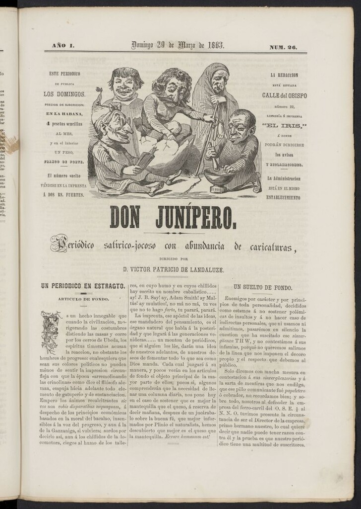 Miniatura de Don Junípero: periódico satírico jocoso con abundancia de caricaturas del 29 de marzo de 1863, nº 26