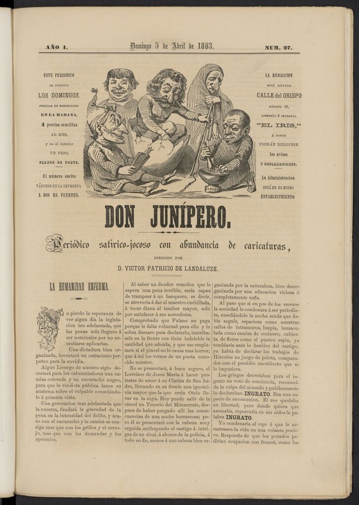 Miniatura de Don Junípero: periódico satírico jocoso con abundancia de caricaturas del 5 de abril de 1863, nº 27