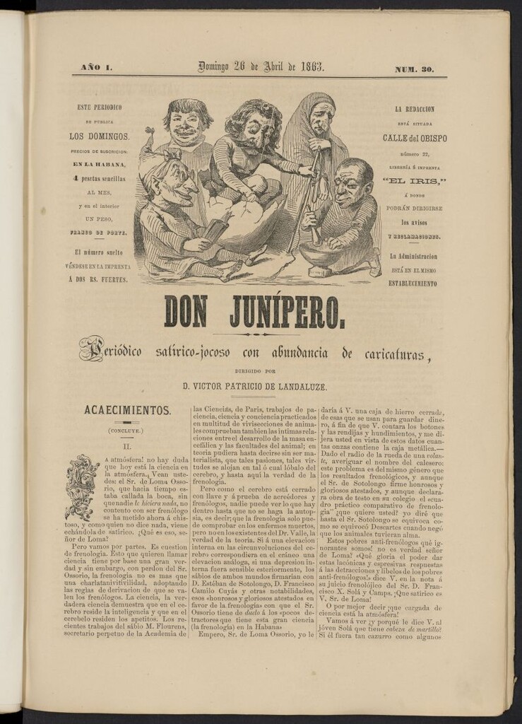 Miniatura de Don Junípero: periódico satírico jocoso con abundancia de caricaturas del 26 de abril de 1863, nº 30