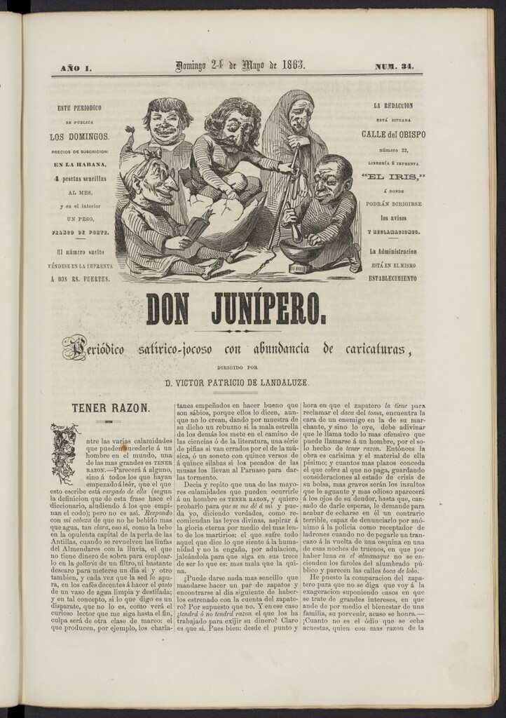 Miniatura de Don Junípero: periódico satírico jocoso con abundancia de caricaturas del 24 de mayo de 1863, nº 34