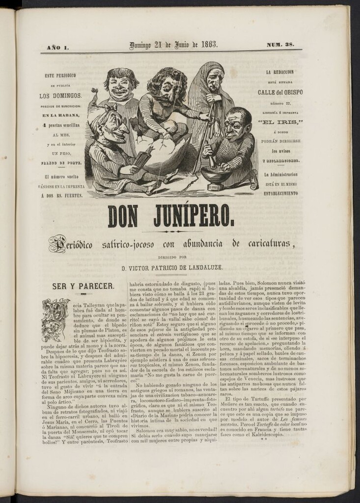 Miniatura de Don Junípero: periódico satírico jocoso con abundancia de caricaturas del 21 de junio de 1863, nº 38