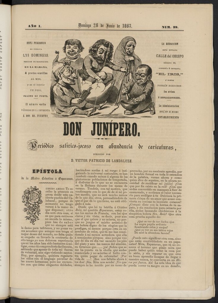 Miniatura de Don Junípero: periódico satírico jocoso con abundancia de caricaturas del 28 de junio de 1863, nº 39