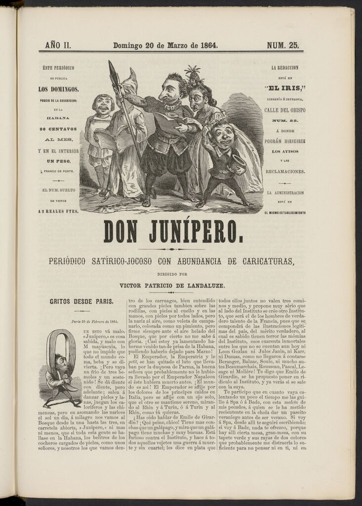 Miniatura de Don Junípero: periódico satírico jocoso con abundancia de caricaturas del 20 de marzo de 1864, nº 25