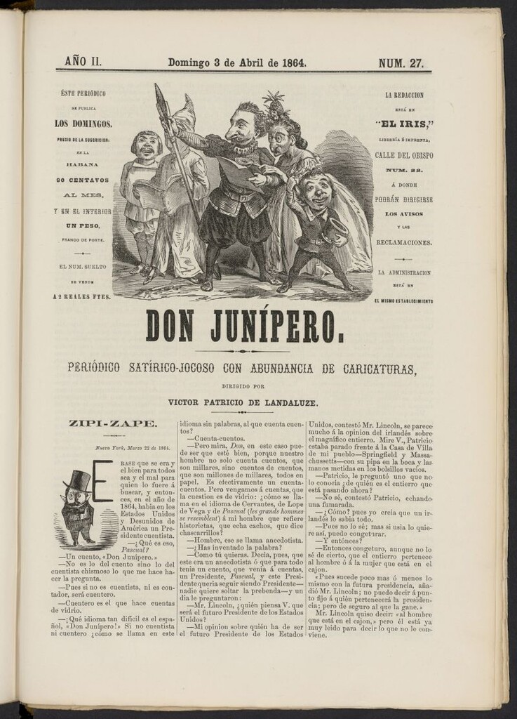 Miniatura de Don Junípero: periódico satírico jocoso con abundancia de caricaturas del 3 de abril de 1864, nº 27