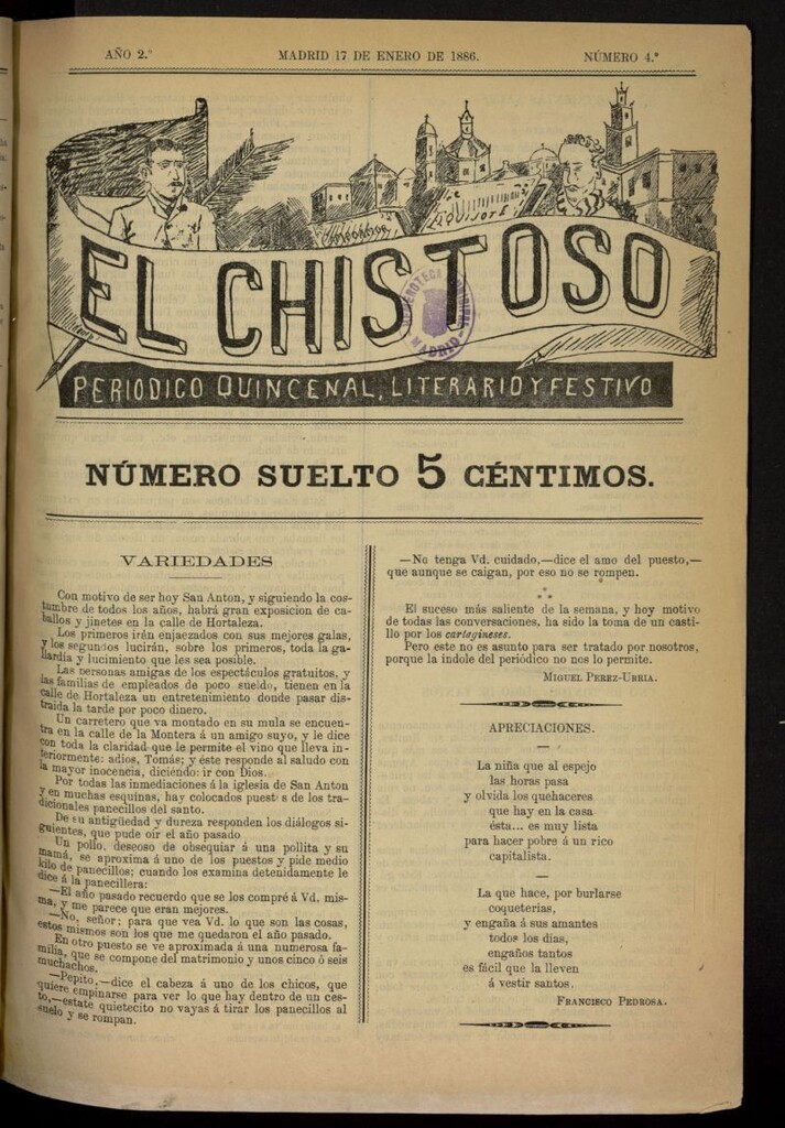 Miniatura de El Chistoso: periódico quincenal, literario y festivo del 17 de enero de 1886