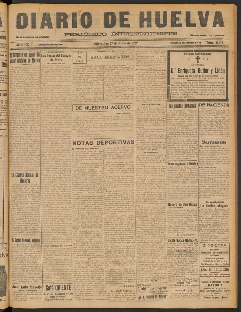 Miniatura de Diario de Huelva : periódico independiente del 27 de julio de 1927