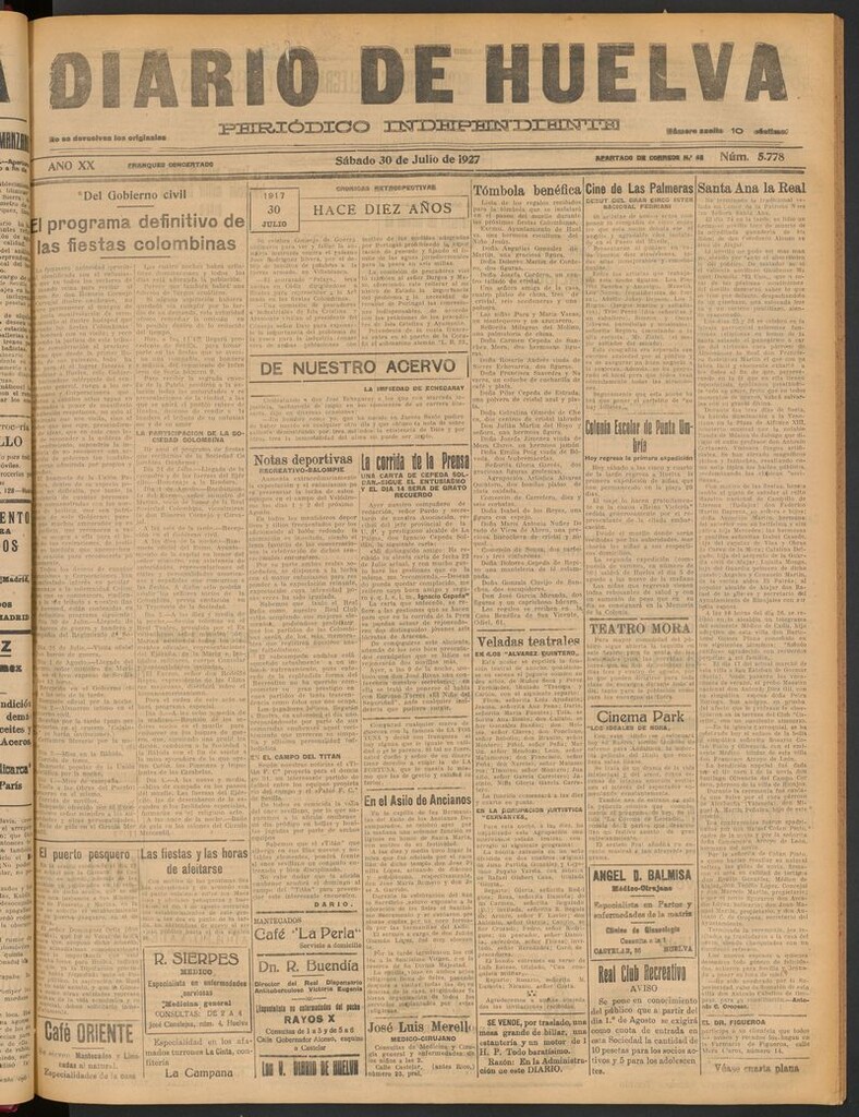 Miniatura de Diario de Huelva : periódico independiente del 30 de julio de 1927