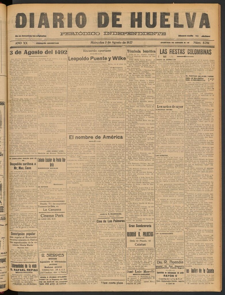 Miniatura de Diario de Huelva : periódico independiente del 3 de agosto de 1927