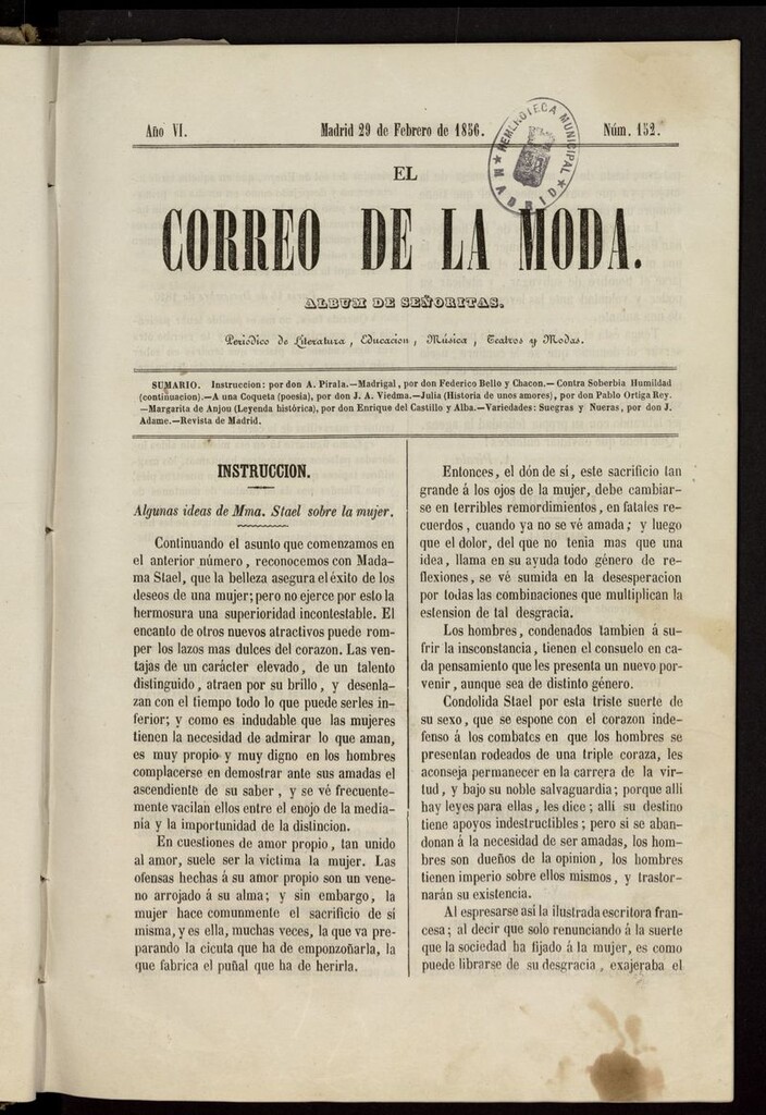 Miniatura de El Correo de la Moda: periódico del bello sexo del 29 de febrero de 1856