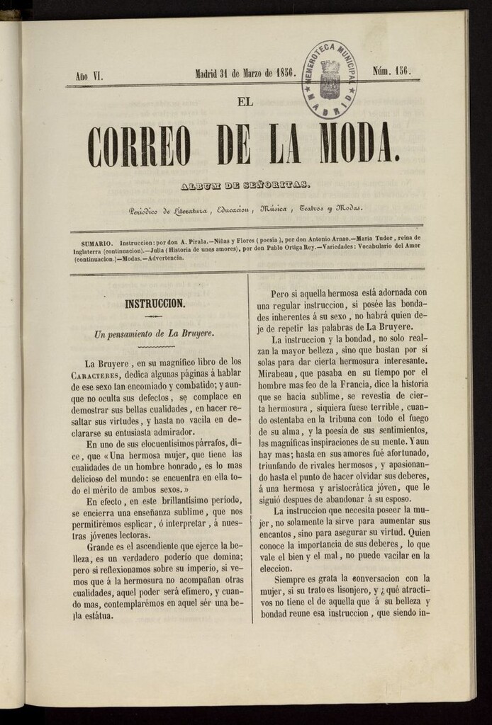 Miniatura de El Correo de la Moda: periódico del bello sexo del 31 de marzo de 1856