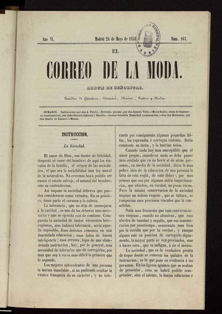 Miniatura de El Correo de la Moda: periódico del bello sexo del 24 de mayo de 1856