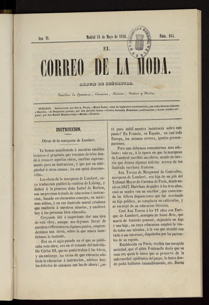 Miniatura de El Correo de la Moda: periódico del bello sexo del 31 de mayo de 1856