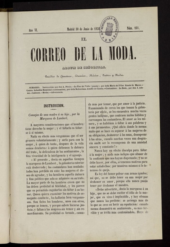 Miniatura de El Correo de la Moda: periódico del bello sexo del 30 de junio de 1856