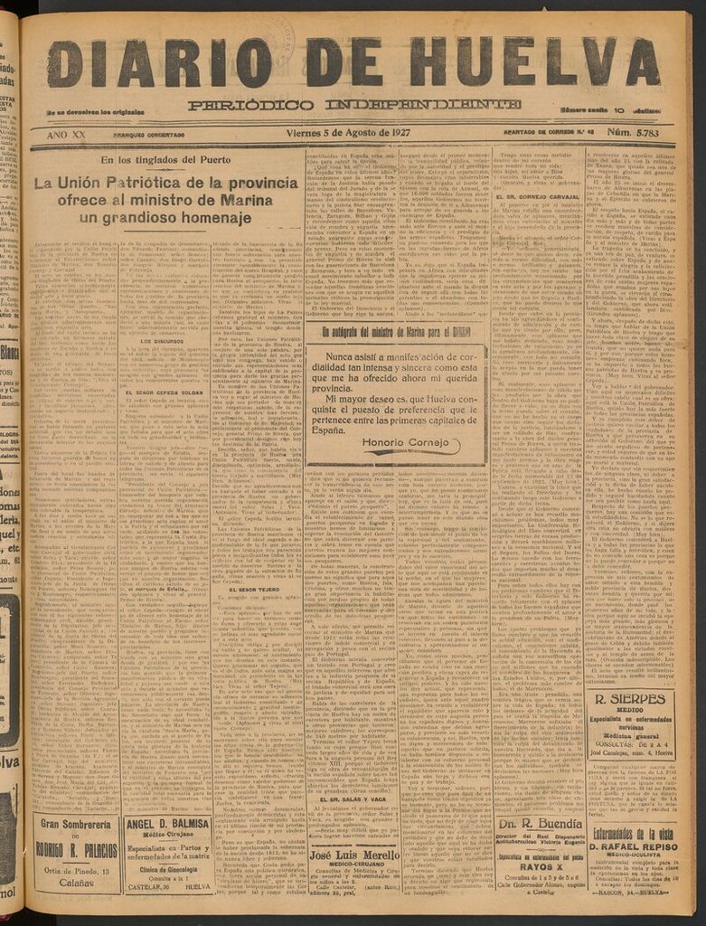Miniatura de Diario de Huelva : periódico independiente del 5 de agosto de 1927