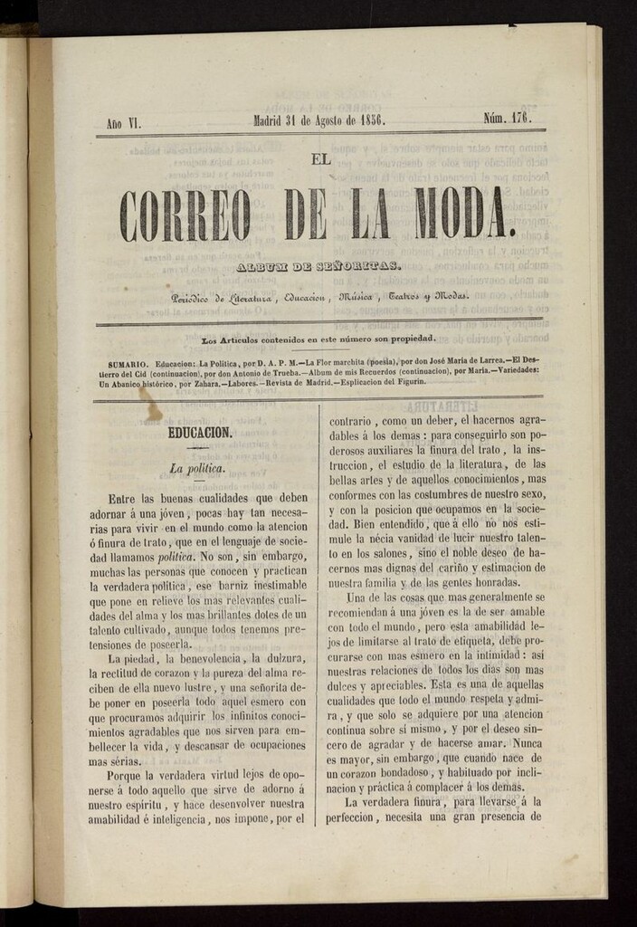 Miniatura de El Correo de la Moda: periódico del bello sexo del 31 de agosto de 1856