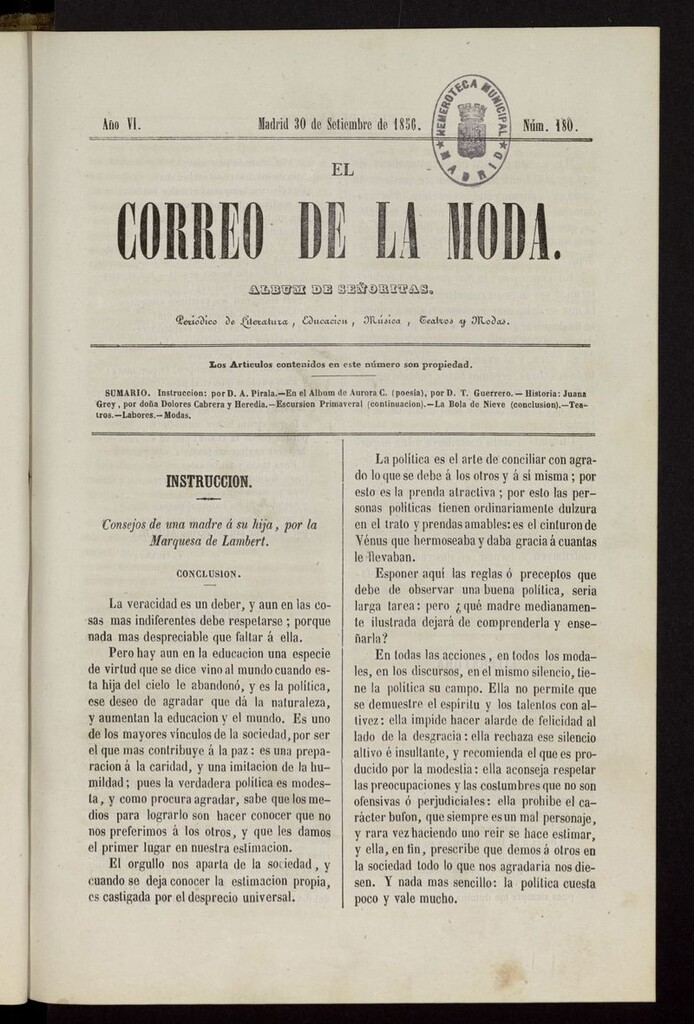 Miniatura de El Correo de la Moda: periódico del bello sexo del 30 de septiembre de 1856