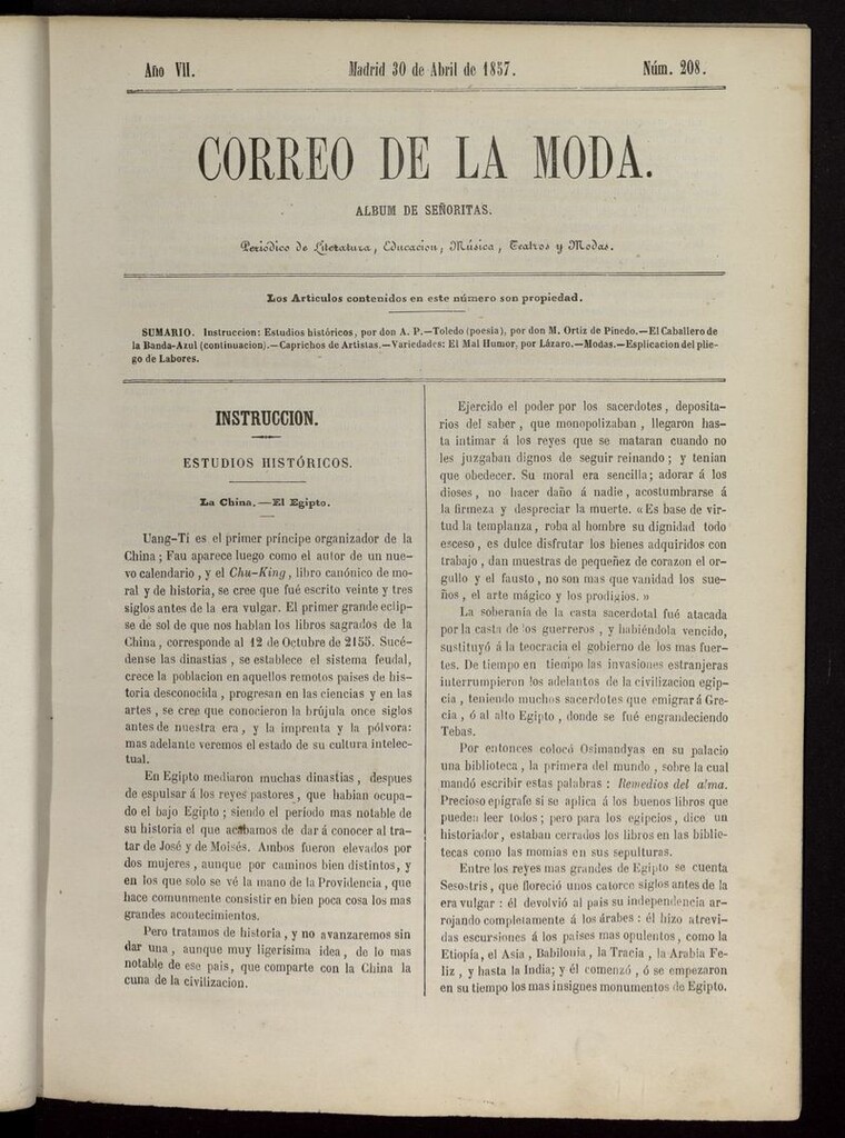 Miniatura de El Correo de la Moda: periódico del bello sexo del 30 de abril de 1857