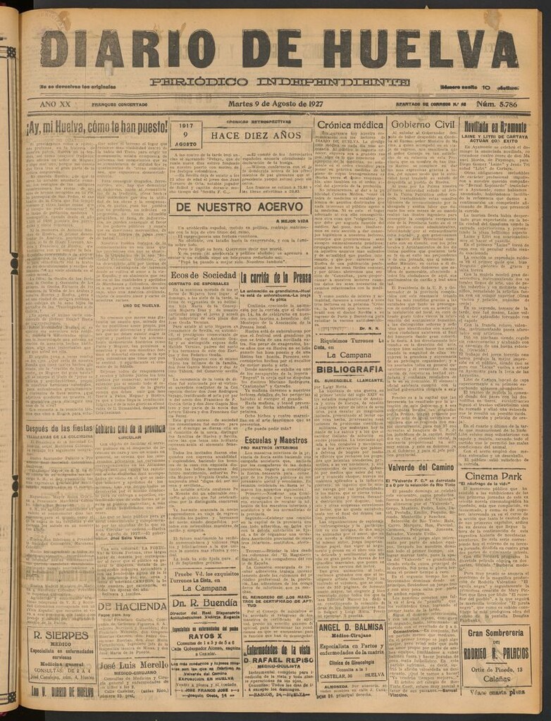 Miniatura de Diario de Huelva : periódico independiente del 9 de agosto de 1927