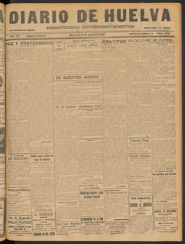 Miniatura de Diario de Huelva : periódico independiente del 10 de agosto de 1927