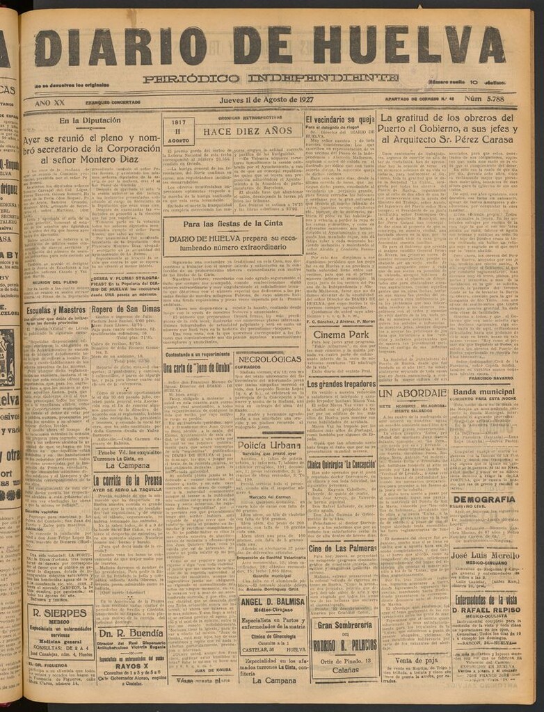 Miniatura de Diario de Huelva : periódico independiente del 11 de agosto de 1927