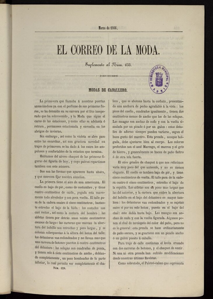 Miniatura de El Correo de la Moda: periódico del bello sexo de marzo de 1866, suplemento al nº 633