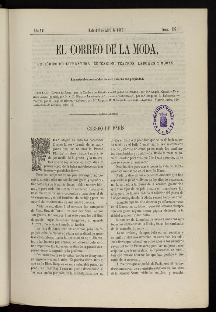 Miniatura de El Correo de la Moda: periódico del bello sexo del 8 de abril de 1866