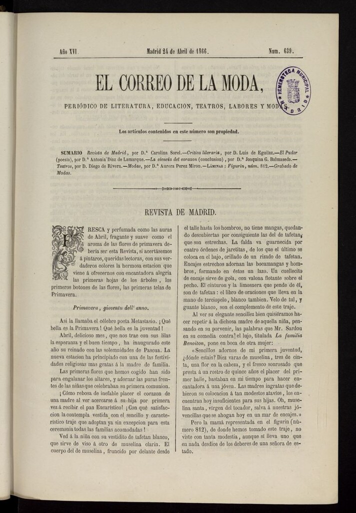 Miniatura de El Correo de la Moda: periódico del bello sexo del 24 de abril de 1866