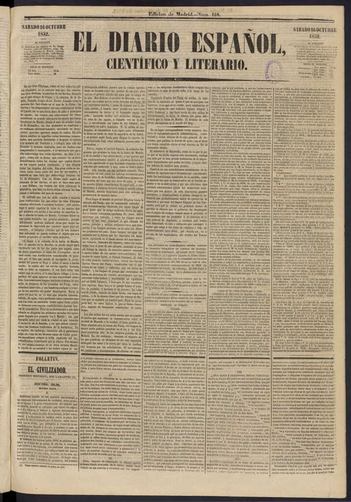 Miniatura de El Diario Español Político y Literario del 16 de octubre de 1852, nº 118