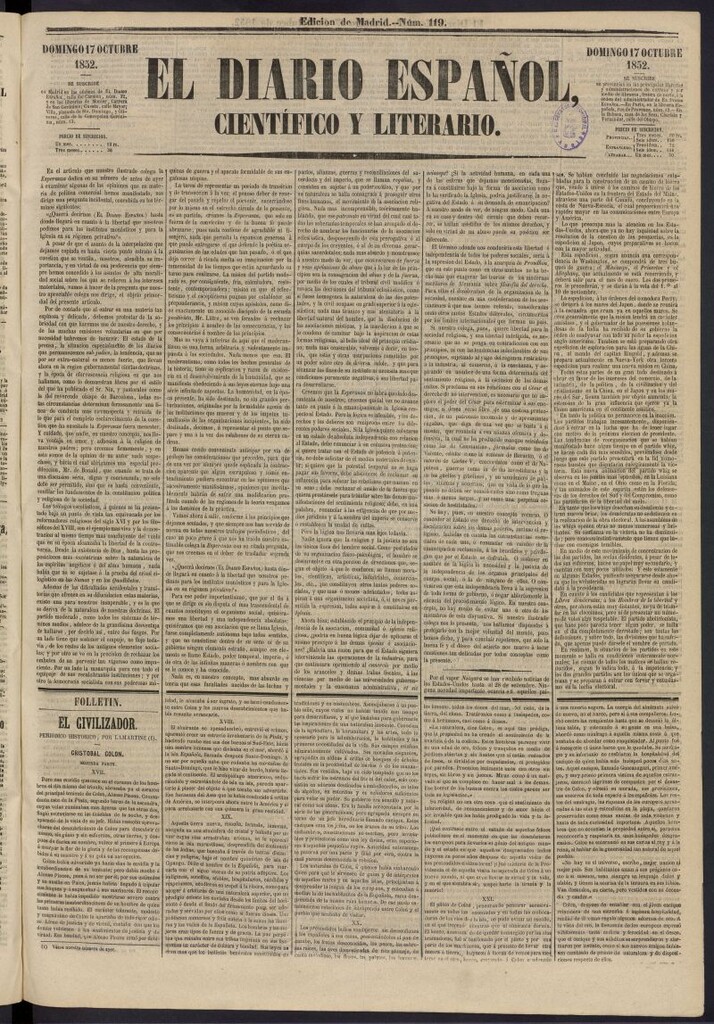 Miniatura de El Diario Español Político y Literario del 17 de octubre de 1852, nº 119