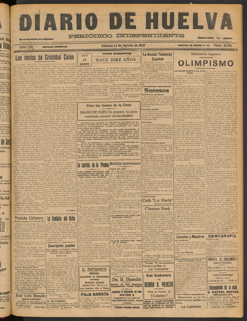 Miniatura de Diario de Huelva : periódico independiente del 13 de agosto de 1927