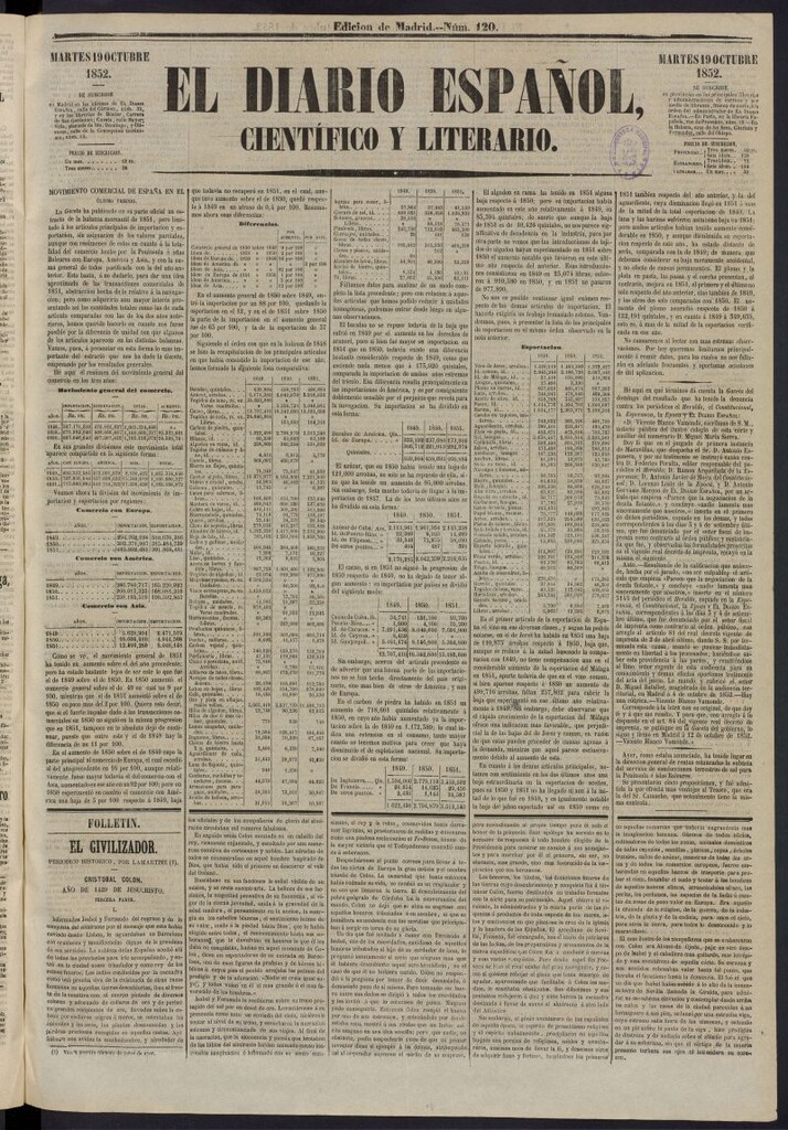 Miniatura de El Diario Español Político y Literario del 19 de octubre de 1852, nº 120