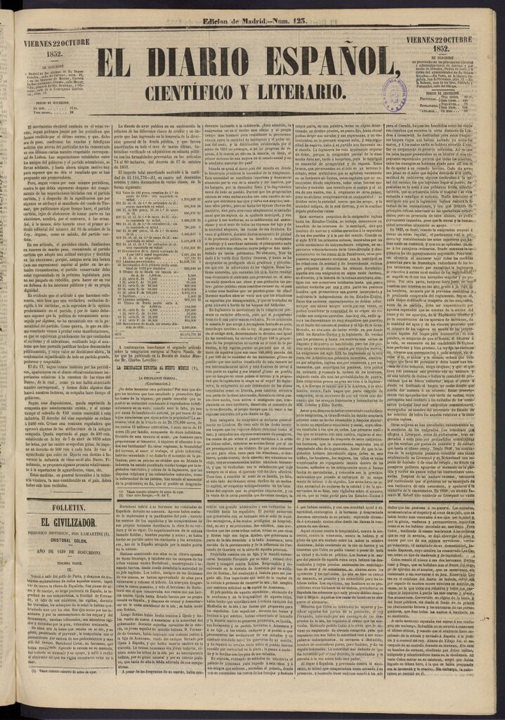 Miniatura de El Diario Español Político y Literario del 22 de octubre de 1852, nº 123