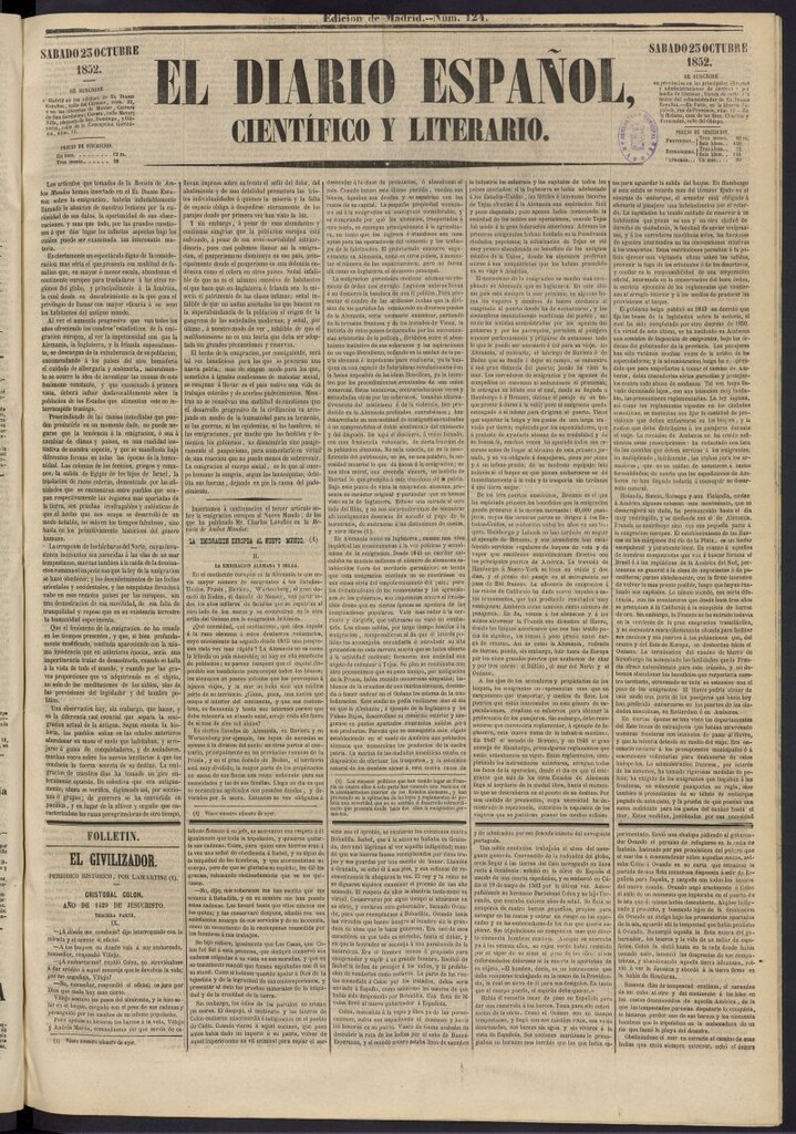 Miniatura de El Diario Español Político y Literario del 23 de octubre de 1852, nº 124