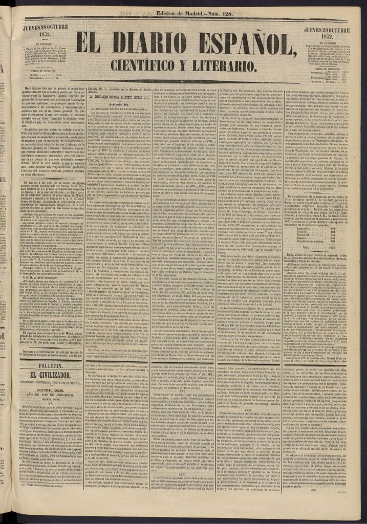 Miniatura de El Diario Español Político y Literario del 28 de octubre de 1852, nº 128