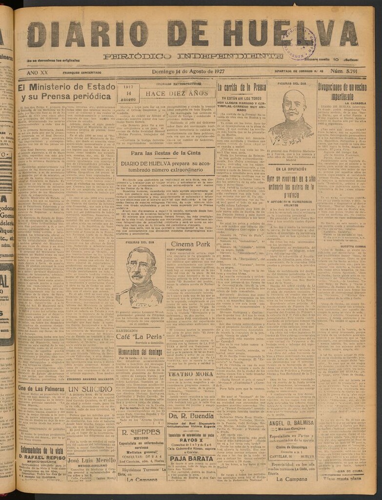 Miniatura de Diario de Huelva : periódico independiente del 14 de agosto de 1927