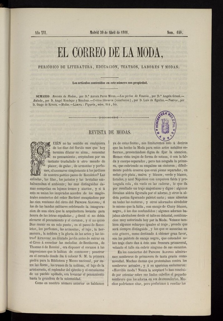 Miniatura de El Correo de la Moda: periódico del bello sexo del 30 de abril de 1866