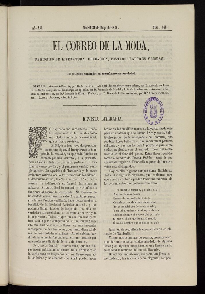 Miniatura de El Correo de la Moda: periódico del bello sexo del 31 de mayo de 1866