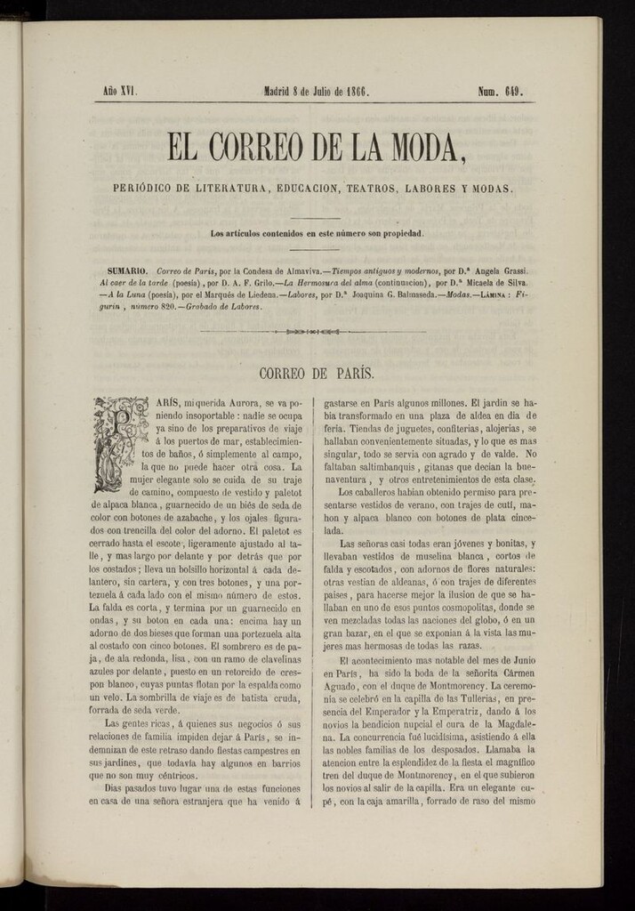 Miniatura de El Correo de la Moda: periódico del bello sexo del 8 de julio de 1866