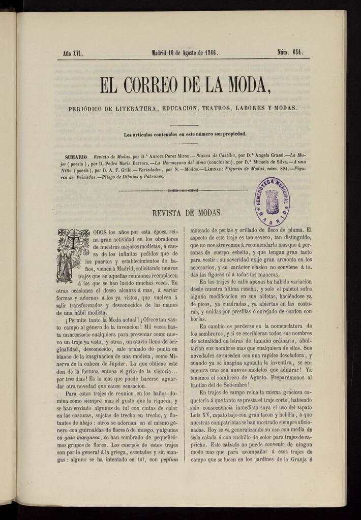 Miniatura de El Correo de la Moda: periódico del bello sexo del 16 de agosto de 1866