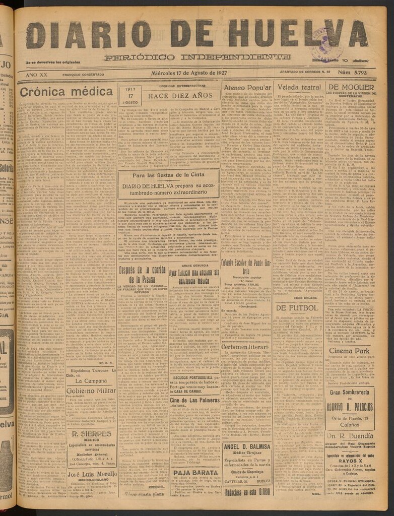Miniatura de Diario de Huelva : periódico independiente del 17 de agosto de 1927