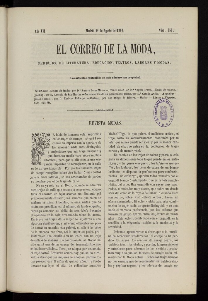 Miniatura de El Correo de la Moda: periódico del bello sexo del 31 de agosto de 1866