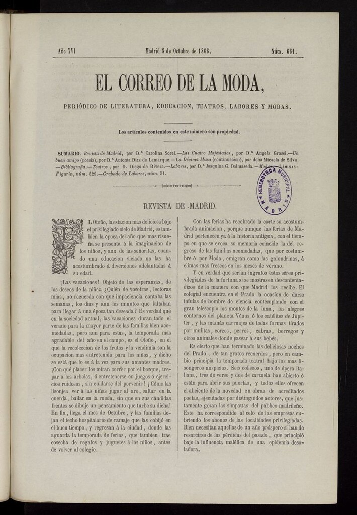 Miniatura de El Correo de la Moda: periódico del bello sexo del 8 de octubre de 1866