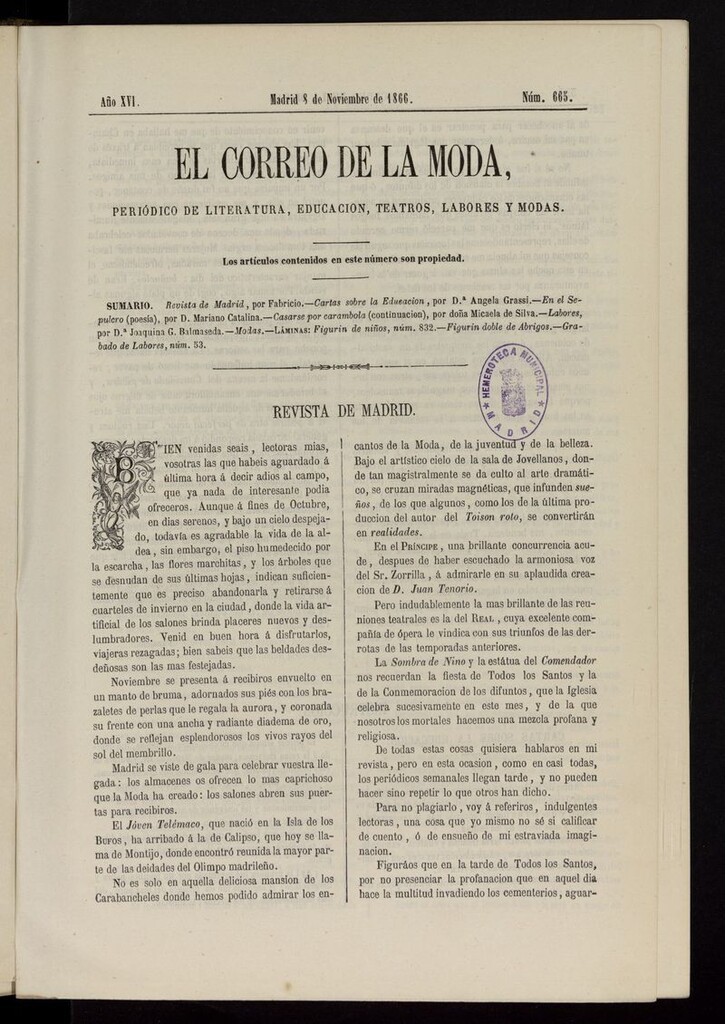 Miniatura de El Correo de la Moda: periódico del bello sexo del 8 de noviembre de 1866