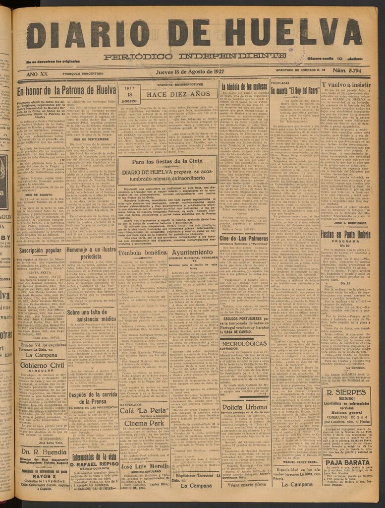 Miniatura de Diario de Huelva : periódico independiente del 18 de agosto de 1927