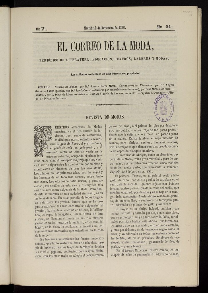 Miniatura de El Correo de la Moda: periódico del bello sexo del 16 de noviembre de 1866