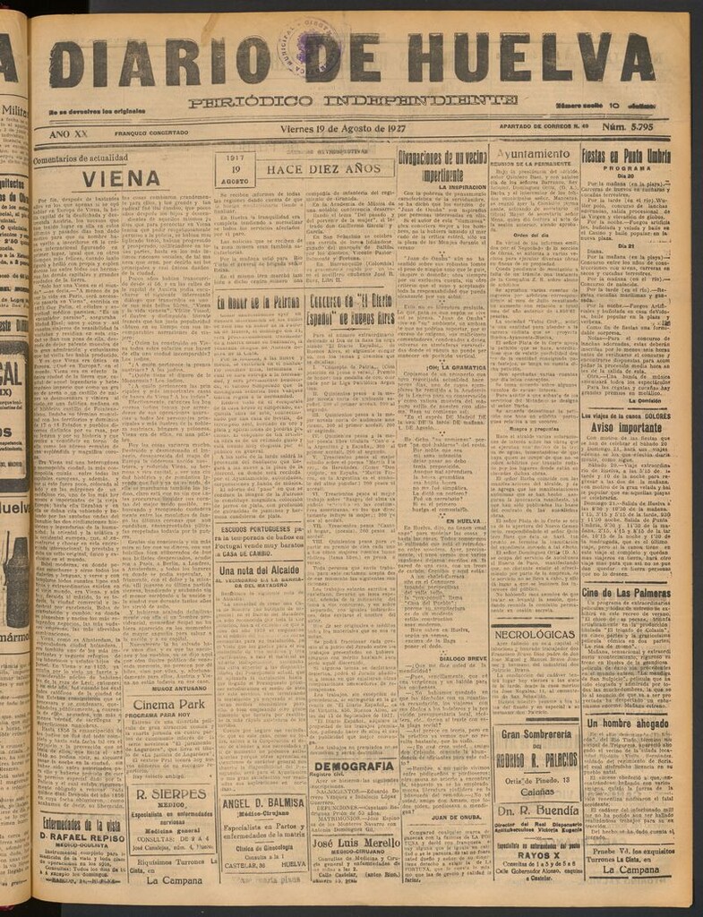 Miniatura de Diario de Huelva : periódico independiente del 19 de agosto de 1927